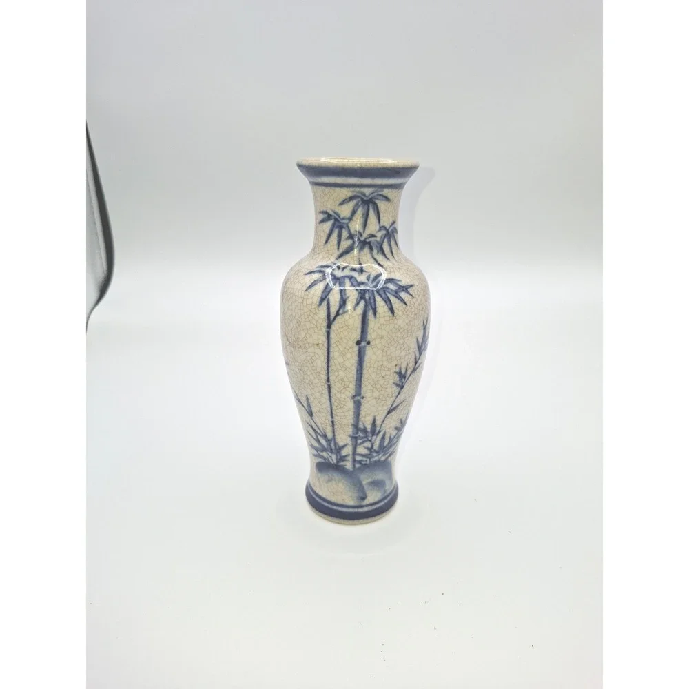 Blue and White Chinese Bamboo Crackle Glaze Ceramic Bud Vase Vintage Style